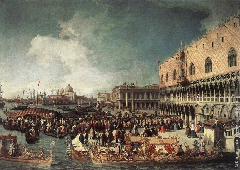 Canaletto. Ambasadoriaus priėmimas Dožų rūmuose. Apie 1730 m..jpg