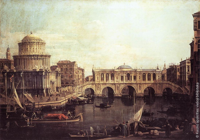 Canaletto. Kapričo su Didžiuoju kanalu, Rialto tiltu ir kitais pastatais. Apie 1740 m..jpg