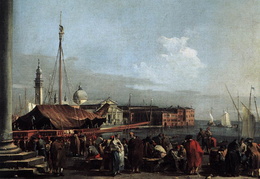Francesco Guardi. Pakrantės turgus su vaizdu į Šv. Jurgio Didžioji baziliką. 1760-65 m.