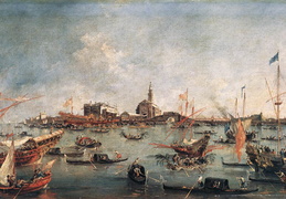 Francesco Guardi. Venecijos dožas atvyksta į San Niccolò del Lido vienuolyną. 1766-70 m.