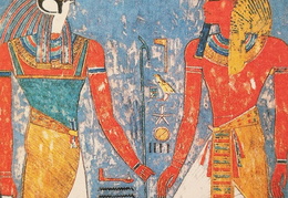 Dievas Horas (su dviguba Egipto karūna) ir faraonas Meremptahas. Freska iš faraono kapavietės. XIX dinastija