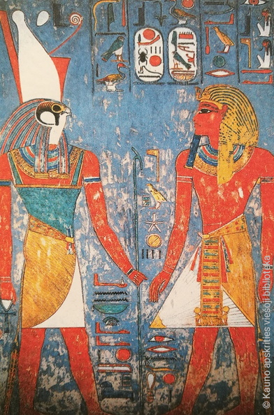 Dievas Horas (su dviguba Egipto karūna) ir faraonas Meremptahas. Freska iš faraono kapavietės. XIX dinastija.jpg