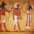 Tutanchamonas su Egipto dievais Anubiu ir Neftis. Egiptas.