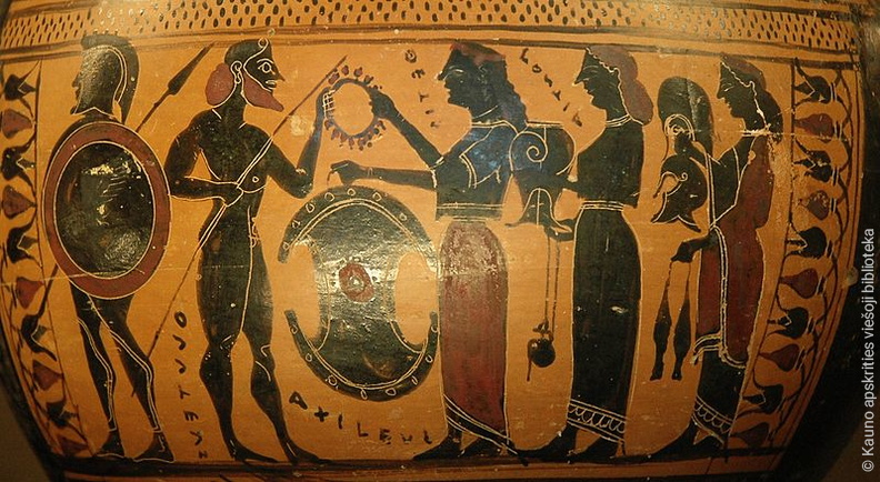 003. 0. Tetidė atiduoda savo sūnui  Achilui Hefaisto padirbtus ginklus. Keramika. Apie 575–550 m. pr. Kr..jpg