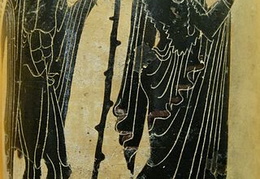 Menadė groja aulu, lydima Sileno. Keramika. Apie 500 m. pr. Kr.