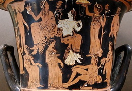 Dionisas, Ariadnė, satyrai ir menadės. Vaza. Tėbai. 400-375 m. pr. Kr.