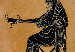 Dionisas laiko taurę (kantharos). Keramika. Apie 520-500 m. pr. Kr.