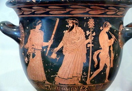 Dionisas, Silenas (ir menadė).  Keramika. Apie  450 m. pr. Kr.