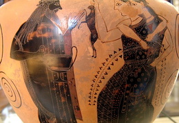 Dionisas ir dvi menadės. Keramika.  540 m. pr. Kr.