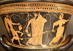 Dionisas, Silenas ir menadė. Keramika. Apie 520–510 m. pr. Kr.