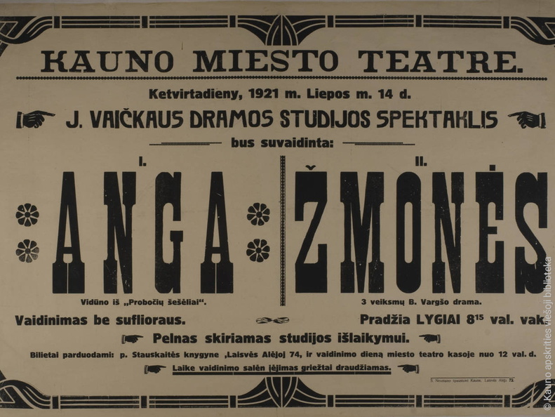 Juozo Vaičkaus dramos studijos spektaklio afiša. 1921 m.